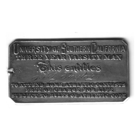 Silver lifetime admission card for USC athletic events.