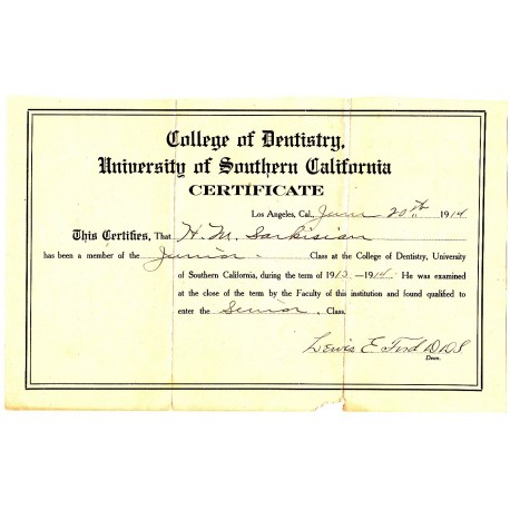 1914 USC College of Dentistry Certificate